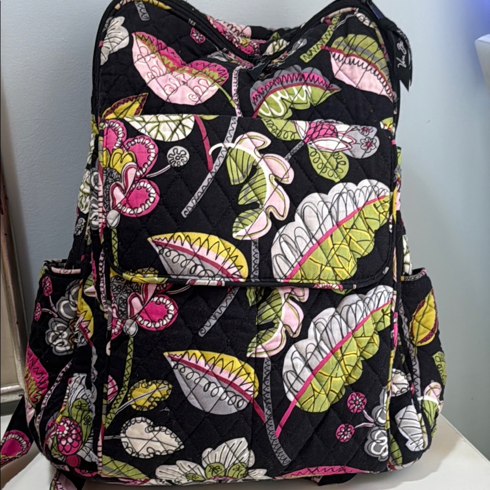 Vera Bradley Backpack 🎒 Floral Quilted black pink greens - Picture 3 of 16